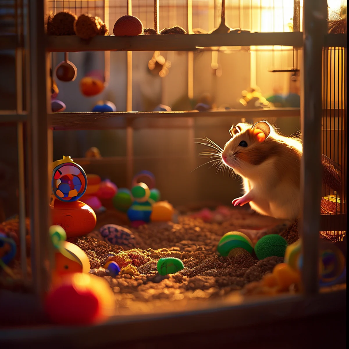 Configuration détaillée d'un enclos de hamster avec une litière épaisse et riche.
