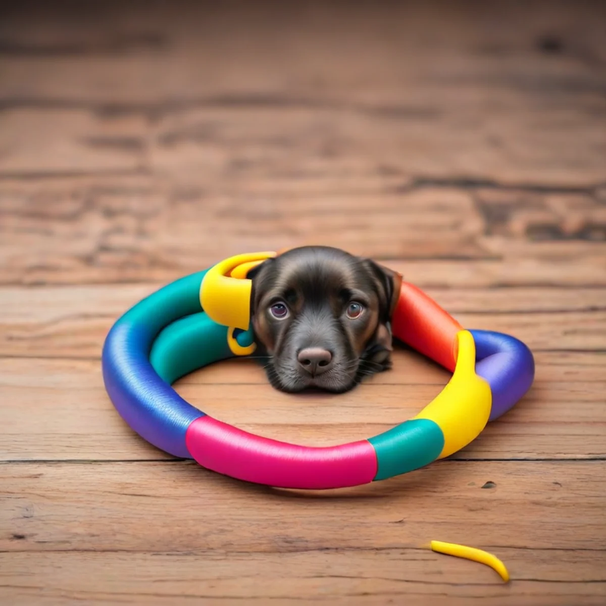 collier et laisse pour chiot sur un sol en bois
