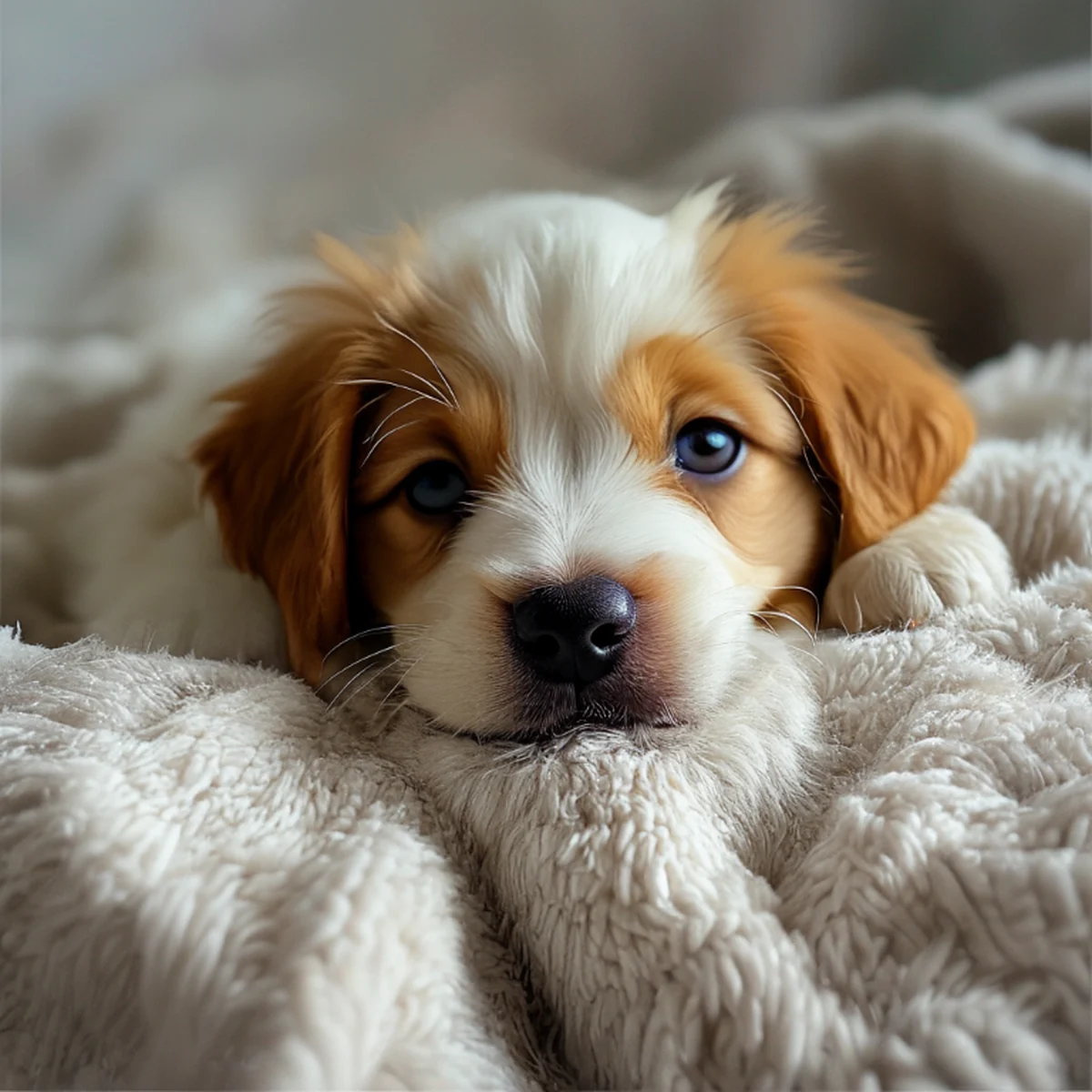 蜷縮在柔軟毯子上的幼犬小腳掌
