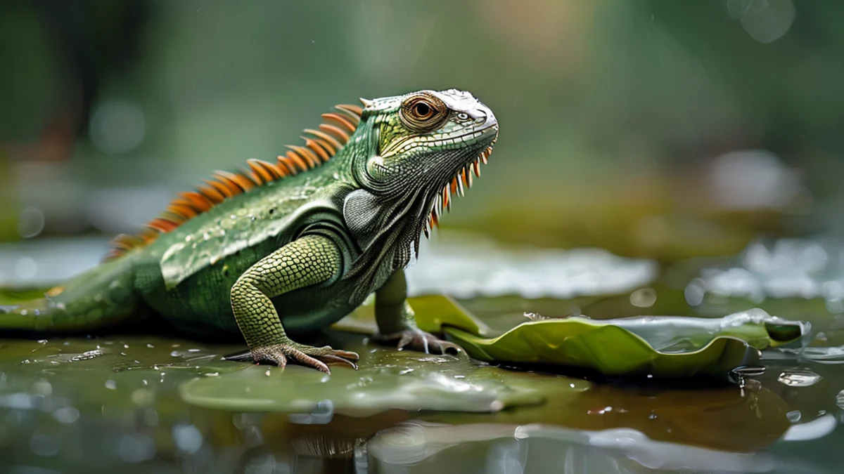 Un iguana su foglie di loto, squame verdi, foglie lucide, foglie sporche, luce dolce, obiettivo 85mm, profondità di campo sottile, realismo fotografico