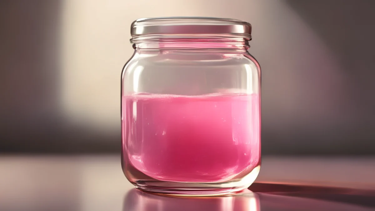 dikke glasdiëtfaas open, roze geleistachtige stof, gladde randen, warme licht, zachte scherping, hoge details